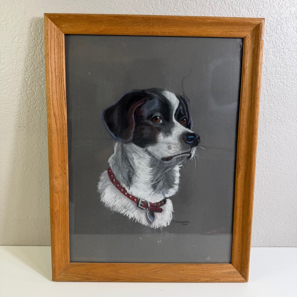 Vintage 1960 T Beaubien Signed Dog Portrait Pastel Painting Framed 28x20